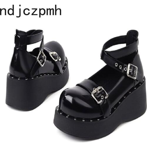 Big Size 34-43 Brand New Girl Lolita Mary Janes Pumps Wedges High Heels Women Pumps Platform Gothic Cross-tied Shoes Woman Black