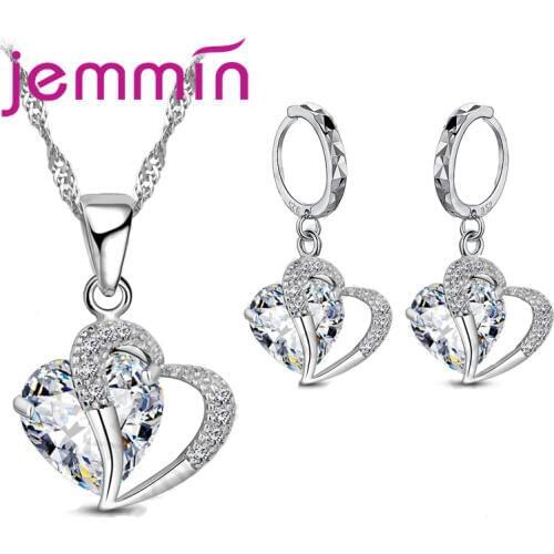 Unique Charm Design Heart to Heart Pendant Necklace Earrings Female 925 Sterling Silver Jewelry Sets For Xmas Festival