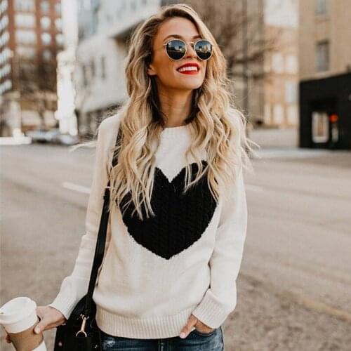 Women Autumn Winter Casual Patchwork Pullovers Women O-neck Knitted Sweaters Heart Cute Long Sleeve Pullover Knitting Tops
