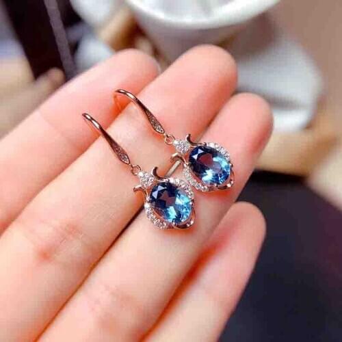 S925 Natural London Topaz Drop Earrings for Women Blue Gemstones Eardrops with Certificate Top Quality November Birthstone Party