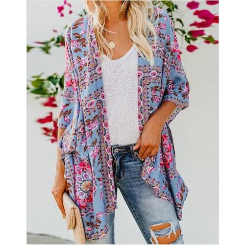 2021 Beach Coat Womens Medium Length Cardigan Long Sleeve Printed Kimono Smock Thin Sunscreen Summer Cardigan Shirt Coat
