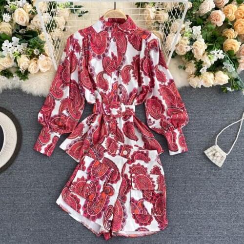 Beachapche Fashion New 2 Piece Set 2021 New Stand Collar Retro Print Chic Sashes Women Shirt+double Pockets Wide Leg Shorts Suit