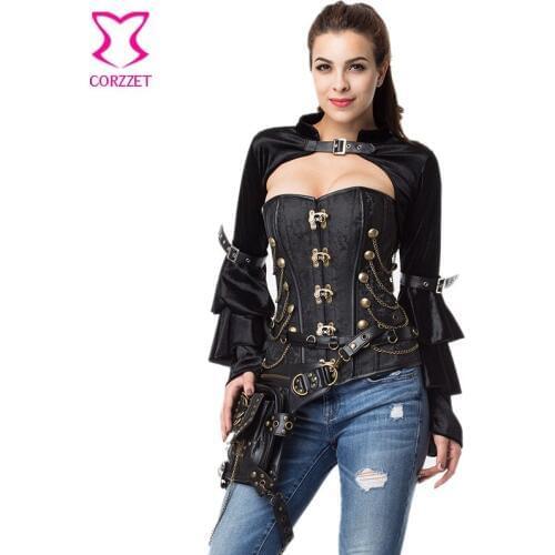 Black Flannel Stand Collar Long Butterfly Sleeve With Belt Sexy Corset Burlesque Costumes Steampunk Jacket Women Gothic Bolero