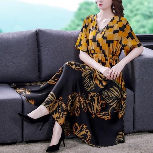 Summer Print Loose 4XL Plus Size Mulberry Silk Dress Vintage Casual Chiffon Maxi Dress 2021 Women Elegant Bodycon Party Vestidos