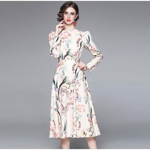 JSXDHK 2021 Summer Autumn Midi Dress Plus Size Elegant Women O Neck Flower Print Long Sleeve Romantic Holiday Ball Gown Dress