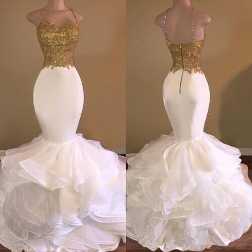 Unique Mermaid Gold And White Prom Dresses Long 2020 Applique Ruffles Backless Evening Party Gowns Robe De Soiree Party Dresses