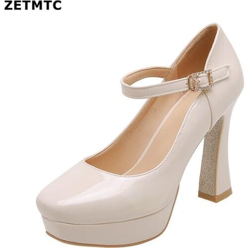 2020 Women Pumps Fashion Women Shoes Platform Square High Heel All Match Pointed Toe Pu Leather Wedding Pumps Size 34-43