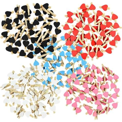 50PCS 30mm Chic Wedding Birthday Party Supplies Photo Wall Decoration White/Blue/Pink/bLACK/Red Mini Heart Wooden Craft Clip Peg