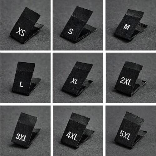 500Pcs Clothing Size Label WhiteText Black Garment Clothes T Shirt Dress Cloth Fabric Label Tag XS S M L XL 2XL 3XL 4XL 34*12mm