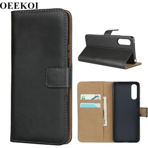 OEEKOI Genuine Leather Wallet Flip Cover Case for Sony Xperia 10 II with Card Slots Holder