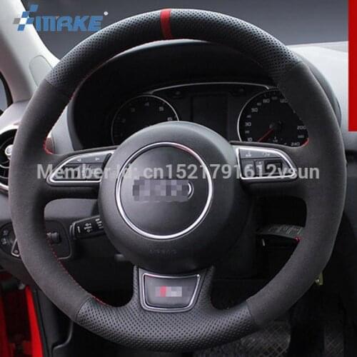 For Audi A1 A5 High Quality Hand-stitched Anti-Slip Black Leather Black Suede Red Thread DIY Steering Wheel Cover