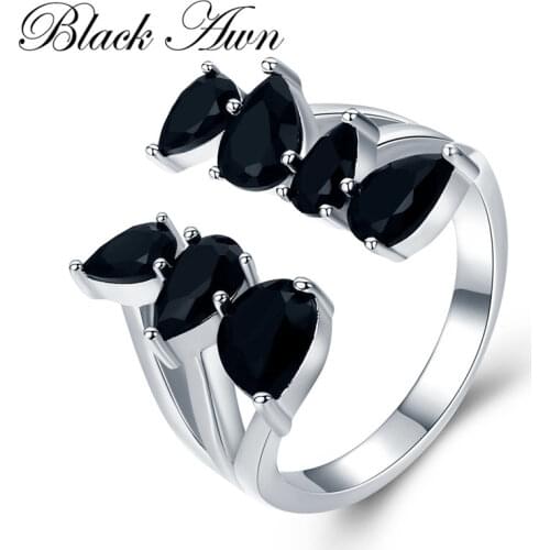 BLACK AWN Real 925 Sterling Silver Ring Black Spinel Leaf Open Elegant Rings for Women Sterling Silver Jewelry G030