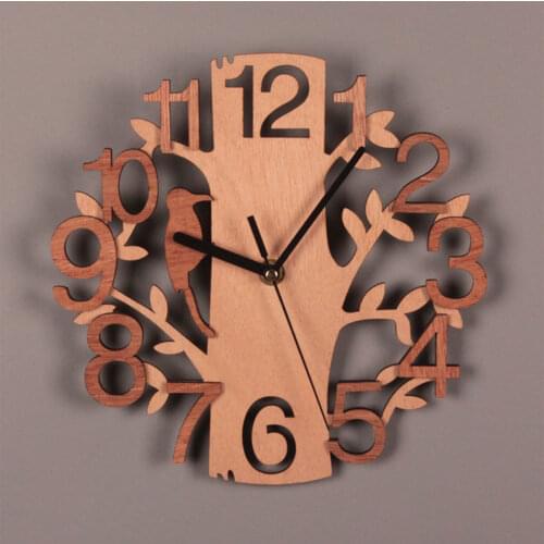 Wooden Wall Clock Bird Pattern Silent Large Arabic Numerals Living Room Decoration