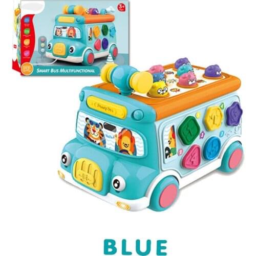 Childrens multi-functional wisdom bus hexagonal puzzle English mode hit the ground mouse rotating gear steering wheel