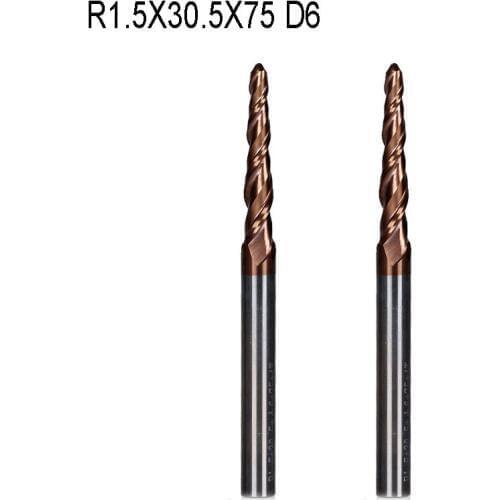 2PCS R1.5*D6*30.5*75L*2F HRC55 Tungsten solid carbide Coated Tapered Ball Nose End Mill taper and cone endmills