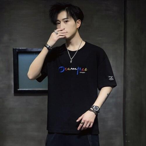 2021 New Summer Mens Korean Short-Sleeved T-shirt Trend Loose Letters Solid Color Printed Cotton T-shirt