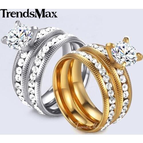Trendsmax Mens Womens Wedding Ring Set Gold Silver color Tone Stainless Steel CZ Stone Couple Promise Engagement Jewelry KKRM29