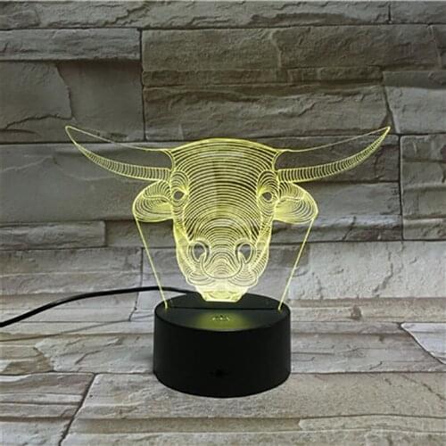 Ox Head 3D Illusion Night Light LED Atmosphere Lamp Touch Switch Acrylic Nightlight Smart Phone Control Boys Kids Birthday Gift