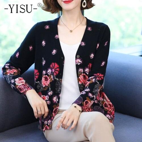 YISU 2021 New Women Cardigans Sweater V-Neck printing Knitted Coat Cardigan Single Breasted Casual Knit Jacket Sweater