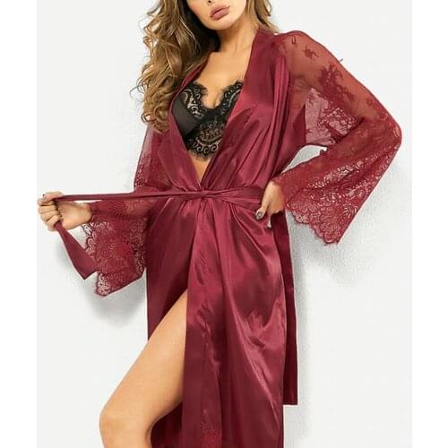 New Pajamas Women Sleepwear Female Silk Lace Satin Kimono Robe Lace Sexy Sleepwear Belt Bathrobe Home Clothing Nightdress