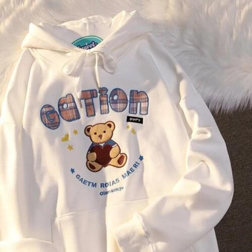New Hip Hop Streetwear Bear Embroidery Hoodies Women Sweatshirt Oversized Kawaii Girl Clothes for Teens 2021 Korean Fashion Tops