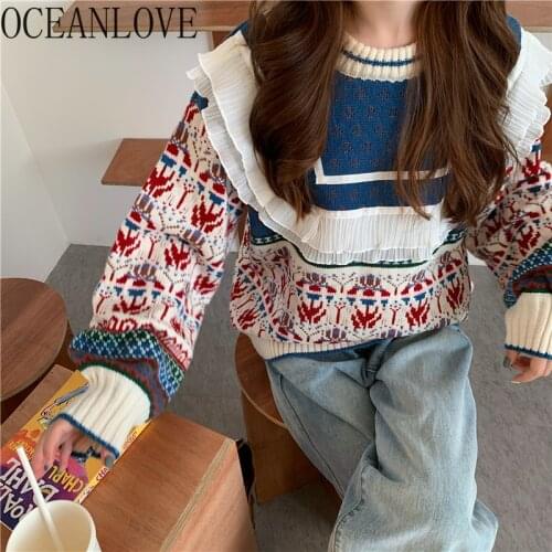 OCEANLOVE Print Woman Sweaters Ruffles 2021 Spring Autumn Japan Style Sueter Mujer Retro Loose Fashion Pull Femme 19665