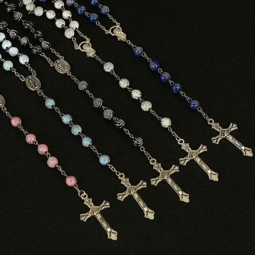 Religious Fatima Center Rosary Necklace Wholesale, Rosary Prayer Necklace, Mixed Color Beads Jesus Cross Necklace 48 Pieces