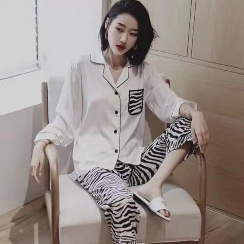 New Ladies Summer Ice Silk Silk Sexy Long Sleeve Homewear Thin Long Sleeve Pajama Set Womens Silk And Satin Two-piece Suit
