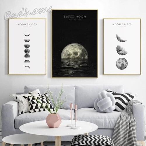 Badhams Posters And Prints Abstract Painting Minimalist Art Wall Black and White Background Moon Month Nordic Style Home Decor