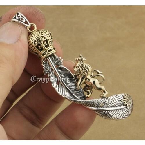 Huge Feather Brass Crown Lion 925 Sterling Silver Mens Biker Pendant 8A042 Necklace 26"
