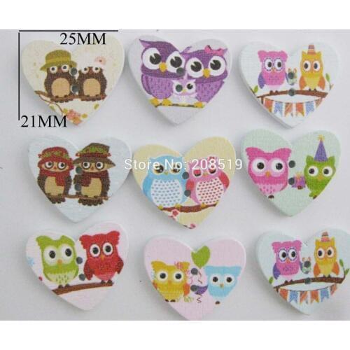WBNSLL 21MM*25MM Heart buttons Owl printed 100pcs mix 2 holes sewing wood scrapbooking DIY