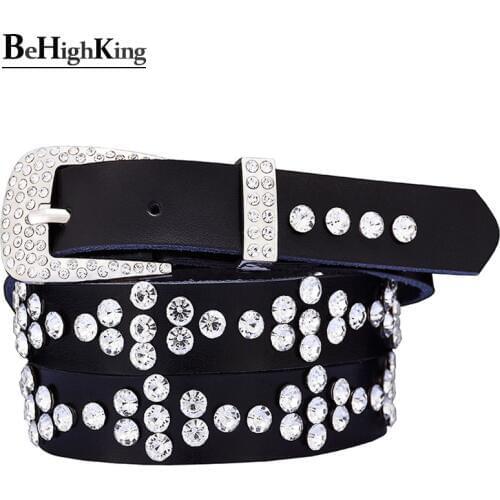 Fashion Cow leather diamond rhinestone belts for women Quality shining Pin Buckle belt woman jeans waistband female Width 2.3 CM