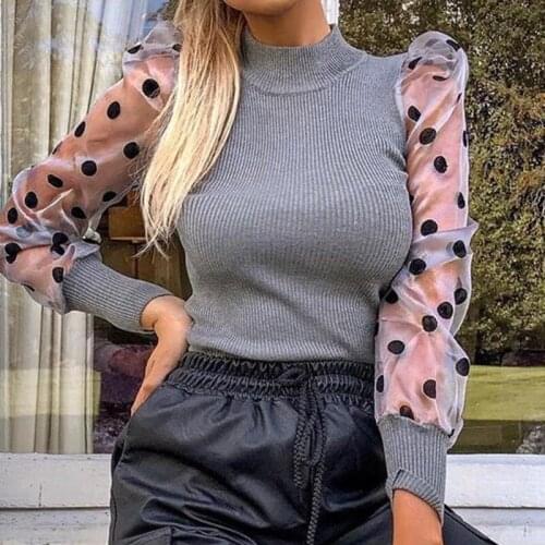 Sexy Mesh Stitching Knitting Knit Sweater Bottoming Shirt Autumn and Winter New Trend Womens Clothing Clothing Women
