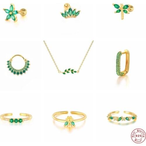 GS 925 Sterling Silver Green Zircon Series Dragonfly Flower Stud Earrings Crystal Necklace Rings Piercing Cartilage Ear Studs