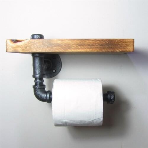 Vintage Handicraft Urban Industrial Wall Mount Wood Storage Shelf Iron Pipe Toilet Paper Holder Roller Restaurant Restroom Metal