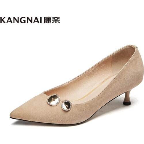KANGNAI Women Shoes Pointed Toe Office Pumps Kid Suede Fashion Med Heels Shoes Female