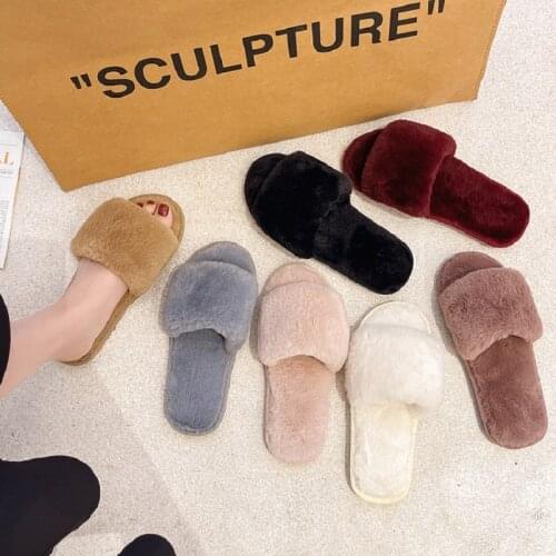 2021 New Winter House Slippers Women Faux Fur Fashion Slip on Flats Female Slides Black Pink Cozy Home Furry Slippers Women Shoe