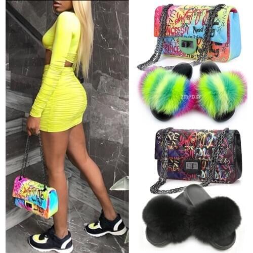 Women Fur Slides and Purse Set Girl Graffiti Handbag Rainbow Purse Fluffy Fur Slippers Fashion Jelly Shoulder Bag Amazing Slides