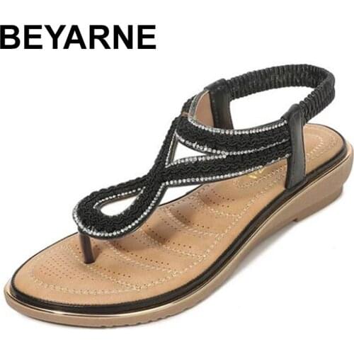 BEYARNE Summer New Outdoor Beach Shoes Round Toe Open Toe Womens Sandals Rhinestone Woven Elastic Band Sandals