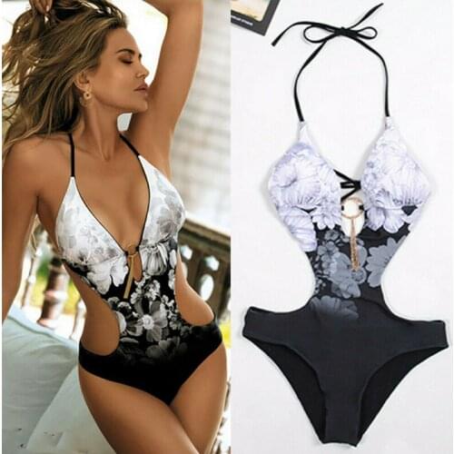 Women Retro One-Piece Swimsuit Floral Print Halter Sleeveless Backless Beachwear Swimwear Fashion Push-up Monokini Bathing Suit