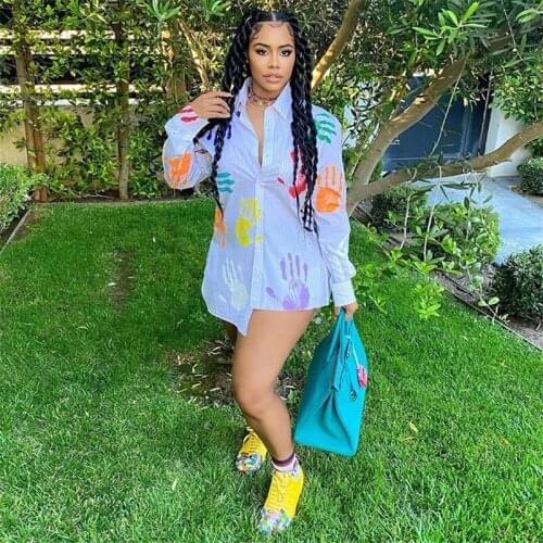 Thorn Tree Irregular Shirt Dress Women Fashion Colorful Hand Print Single Breasted Long Sleeve Summer Clubwear Sexy Short Dress