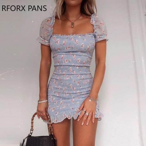Women Square Collar Floral Print Ruffle Trim Mini Dress Bodycon Sexy Party Dress