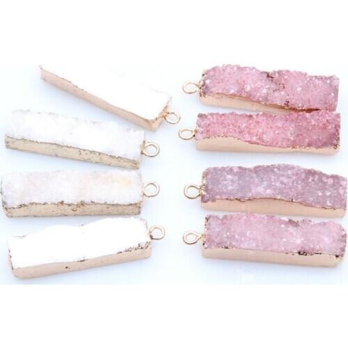 1pc White Rose Pink Crystal Druzy Gems Rectangle Pendant Natural Stone Gold Plating Charms Geode Drusy Pendant for Necklace