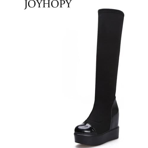 2019 Streth Fabric Knee High Platform Boots Women Warm Thick Bottom Snow Shoes Female Elastic Height Increasing Long Boots WB069
