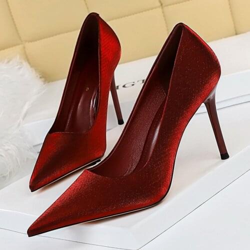 BIGTREE Shoes Womens Embossed Silk Pointy Toe Shoes Delicate Stiletto High Heels Pumps Ladies Sexy Dress Wedding Shoes Wine Red