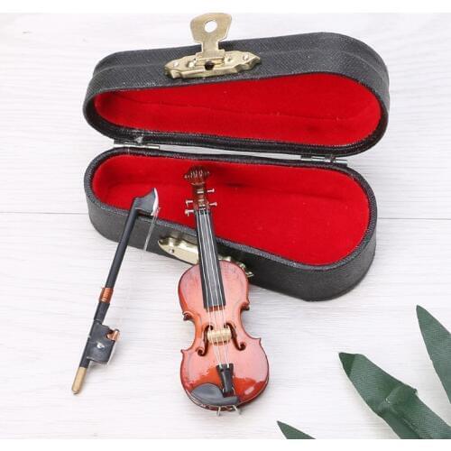 7CM Mini Violin Miniature Musical Instrument Wooden Model with Support and Case