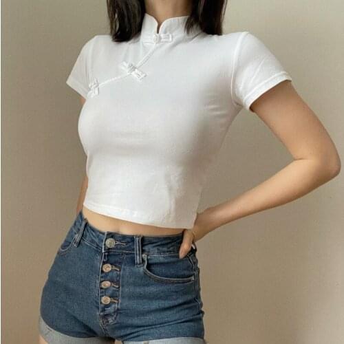 TVVOVVIN Summer Short Sleeve Cheongsam Oblique Buckle Slim Stand Collar Top Vintage Chinese Style Women White T-shirt YIFX