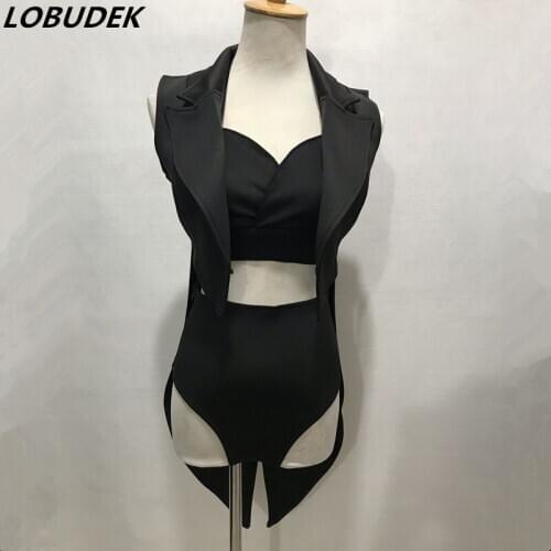 Women 3 Pieces Jazz Dance Costume Black Bra High-waist Shorts Tailcoat Set DJ Singer Dancer Team Performance Stage Wear