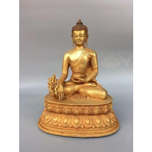Home Decor 9" Tibet Buddhism Old Bronze Gilt Medicine Buddha Shakyamuni Buddha Statue Sitting lotus Sitting Buddha