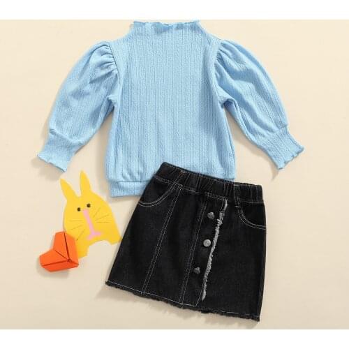FOCUSNORM 1-6Y Lovely Kids Girls 2pcs Clothes Sets Ruffles Knitting Long Puff Sleeve Solid Sweater Tops Denim Button Skirts